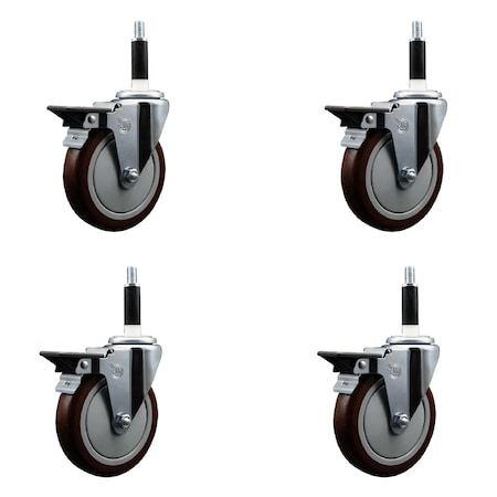 Service Caster 5'' Maroon Poly Swivel 7/8'' Expanding Stem Caster Set with Brake, 4PK SCC-EX20S514-PPUB-MRN-PLB-78-4